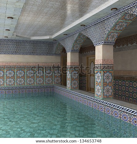 3D visualization of the interior space with a swimming pool in eastern style in a mosaic