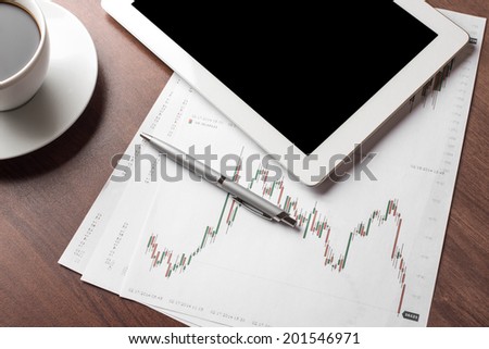Digital tablet on wooden tablets with mobile and coffee