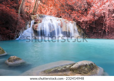 Scenery of waterfall, red leaf and blue water.