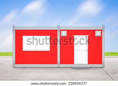 Red container house with sky background.
