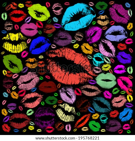 Colorful kisses on the mirror on black background, 2014