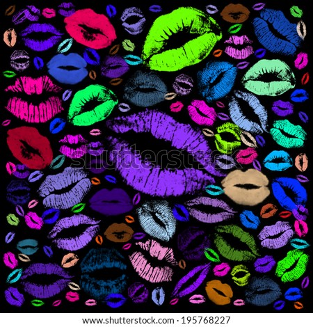 Colorful kisses on the mirror on black background, 2014