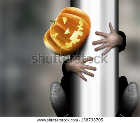 Halloween, people with a pumpkin for a head