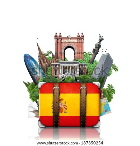 Spain, landmarks Madrid and Barcelona, travel suitcase