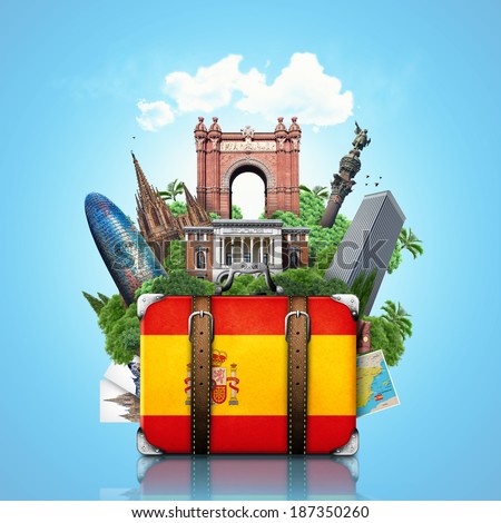 Spain, landmarks Madrid and Barcelona, travel suitcase