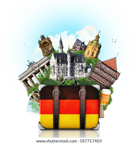 Germany, German landmarks, travel and retro suitcase
