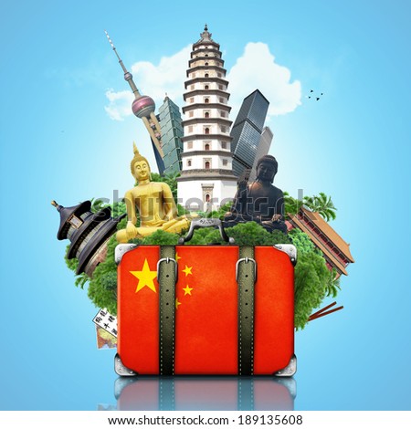 China, China landmarks, travel and retro suitcase