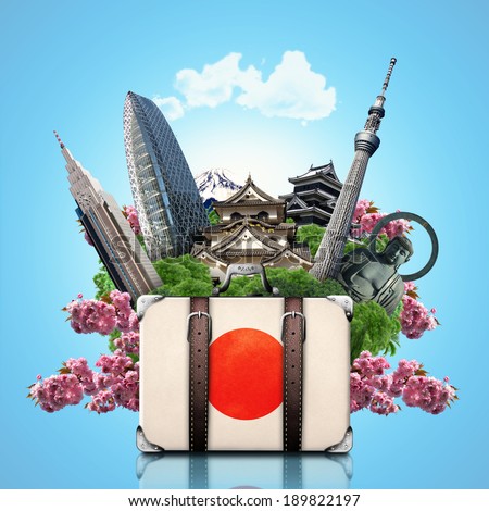 Japan, japan landmarks, travel and retro suitcase
