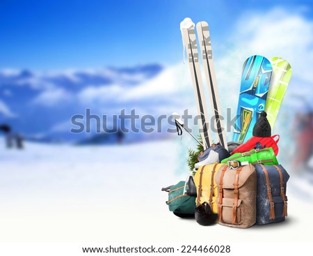 Baggage tourist skier and snowboarder, winter travel