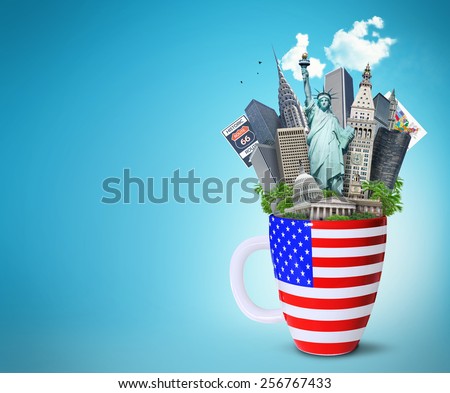 USA, landmarks of the USA in the Cup with the American flag