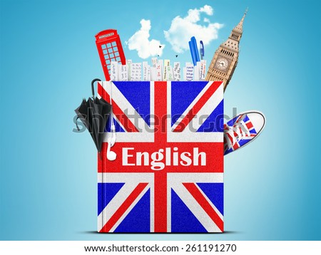 English language textbook with the British flag and umbrella
