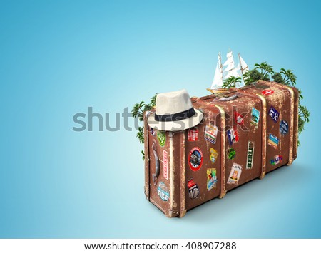 Suitcase of a traveler with travel stickers