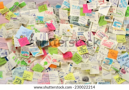 Office desk covered by post it papers with different notes
