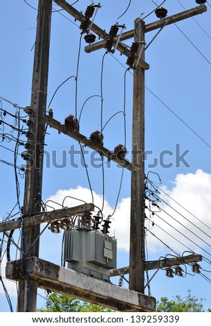 Electrical power transformer in high voltage substation.
