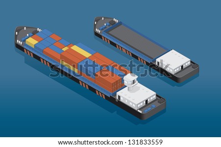 Isometric vector illustration of two River Cargo Boats traveling on water. Larger boat is transporting various size cargo containers.