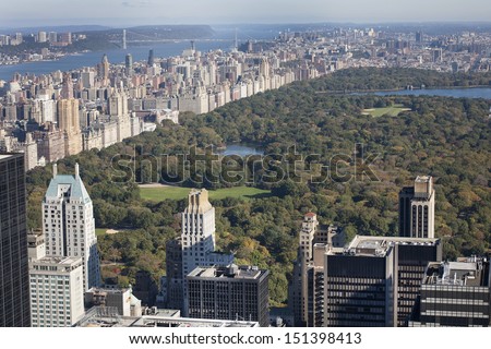 view of Central park and skyscrapers of New York from the top of the Rockefeller Center