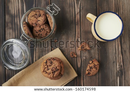 Cookies from above with milk mug and a cookie jar