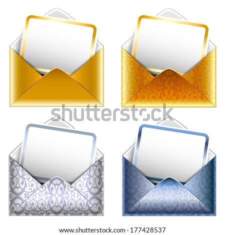 Holiday VIP invitation. Set of patterned silver and golden paper envelopes with a postcard. Vector.