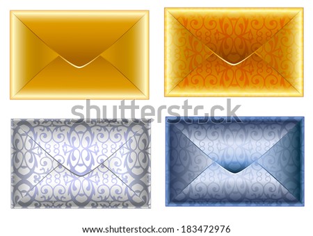 Set of patterned silver and golden paper envelopes. Holiday vip invitation.