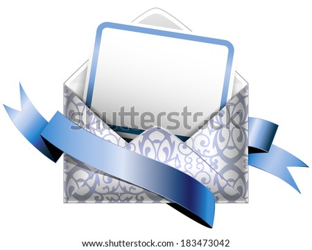 Horizontal illustration. Patterned silver paper envelope with a postcard and ribbons on white. Holiday vip invitation.