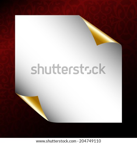 Square vector backdrop. Sheet of golden paper with rolled edges on dark red patterned background. Paper for notes.