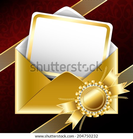 Background. Golden gift envelope with text card, bands and a ribbon.