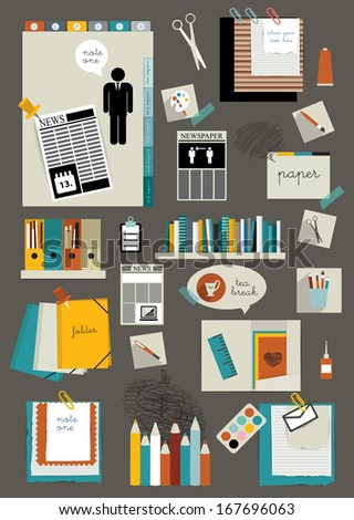 Set of infographic collection Color web page or blog elements folder color paper stickers cardboard text messages books graphs and notices Set of infographic collection Color web page or blog elements folder color paper stickers cardboard text messages books graphs and notices