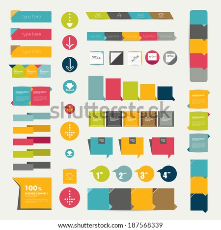 Collections of infographics flat design diagrams Various color schemes boxes ribbons speech bubbles for print or web design Vector illustration Collections of infographics flat design diagrams Various color schemes boxes ribbons speech bubbles for print or web design Vector illustration