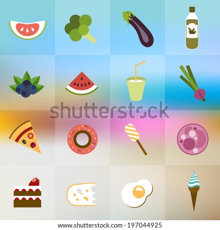 Collection of diet and fat food. Fruit, vegetable, cakes, sweets set.