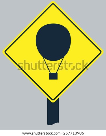Yellow sign  icon  with flying air balloon silhouette in the sky. For air transportation business design