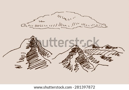 Rocky mountain scenery landscape, with rocks, clouds, in engraving etching hand drawing sketch style, for extreme sport, adventure travel and  tourism design
