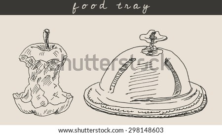 Apple core and  dome dish food tray as ecology concept, in engraving etching sketch hand drawing style, for food, eco  and restaurant design