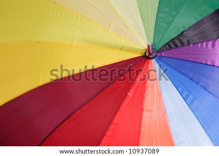 Close up of a rainbow coloured umbrella