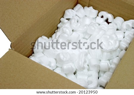 Brown box with styrofoam isolated on white background