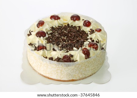 Black Forest cake on white background