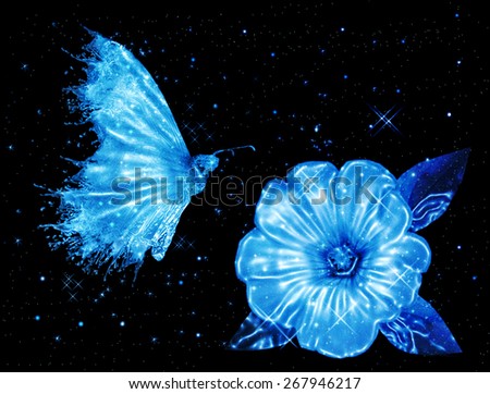 Sparkling flower and butterfly with magic light