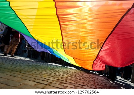 Poland, Gay Pride, Rainbow banner - stock photo