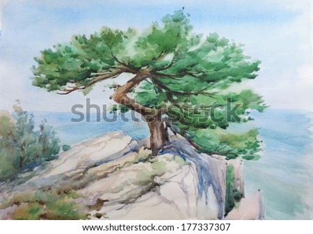 Watercolor painting of a blossoming tree on the mountain top