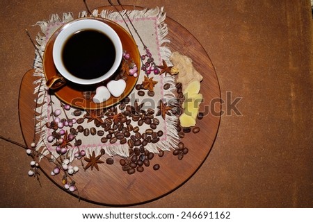 Coffee - I love coffee - Black coffee in a cup, coffee beans and spices
