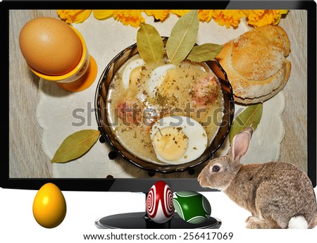 Easter breakfast with Polish veal sausage,egg  and white borscht - Easter in the media,photomontage