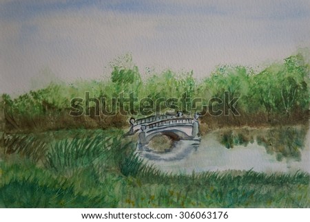 Bridge in the park hand painted watercolour illustration, all releases added