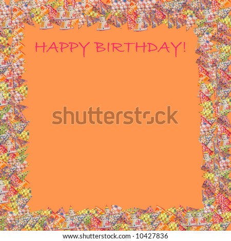 Happy birthday greeting card with orange background and coloured border around