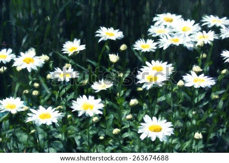 Digital art, daisy field flowers, impressionism oil paint effect