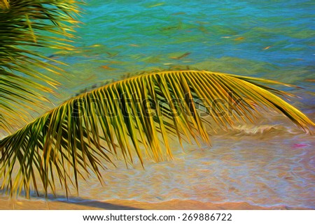 Digital art, beach tropical palm tree, oil paint effect