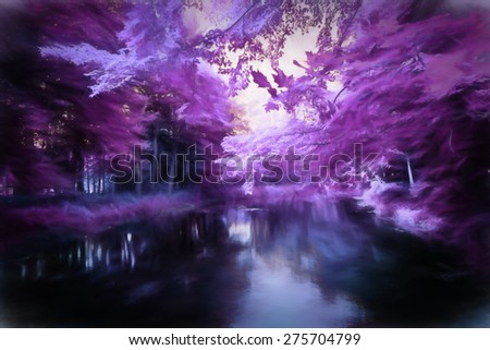 Digital art, artistic oil paint effect, purple forest summer pond