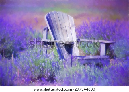 Adirondack old purple chair, on lavender flowers field