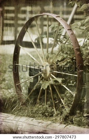 Vintage effect, grunge, Old red wooden wagon wheel, farm house, digital art