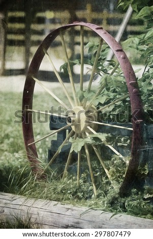 Vintage effect, grunge, Old red wooden wagon wheel, farm house, digital art