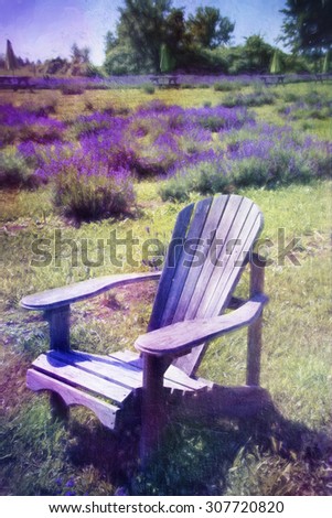 DIgital art, paint effect, Adirondack old purple chair, on lavender flowers field