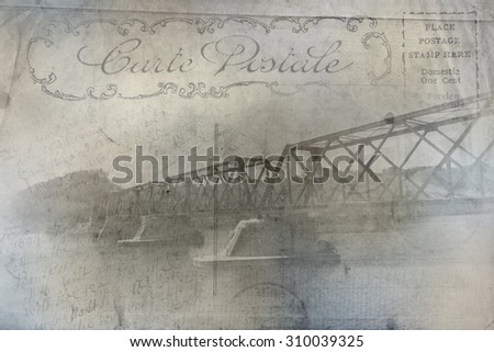 Old post card, vintage, grunge, Metal rail road bridge, Quebec, Canada